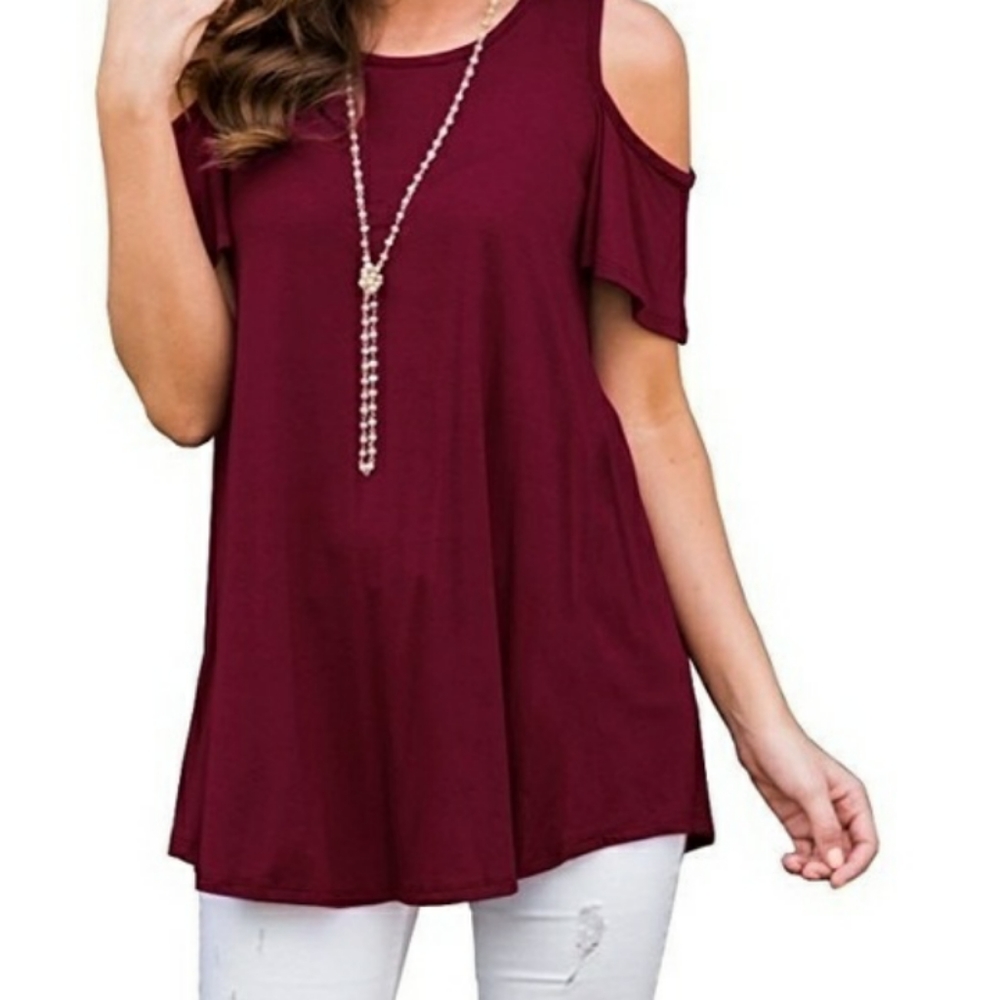Wine red cold shoulder blouse